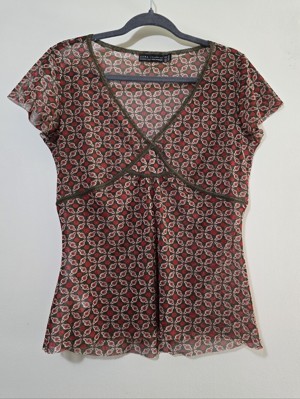 Zara Red and Brown Geometric Print Mesh Y2k Style Blouse